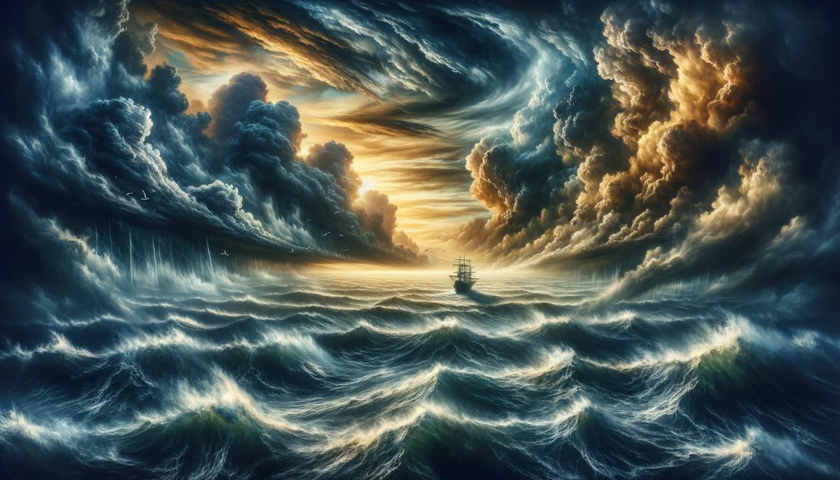 A realistic image depicting a stormy sea with dark clouds, turbulent waves, and a ship struggling to navigate through the rough waters