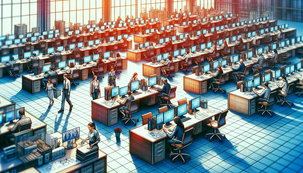 An image depicting a modern office environment with ergonomic desks and chairs, employees working flexibly, and employers checking in on their well-being