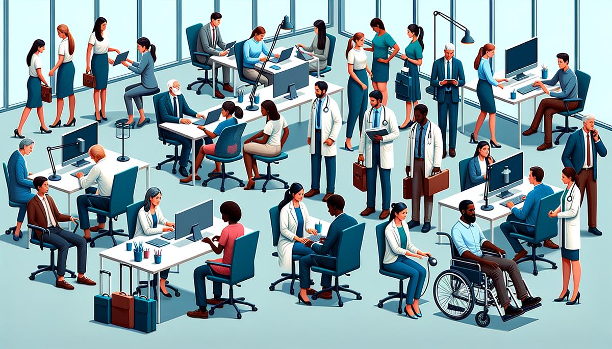 A realistic image depicting a diverse group of people in a workplace setting, some working while others are receiving support and rehabilitation, symbolizing the UK government's initiatives against long-term sickness in the workforce