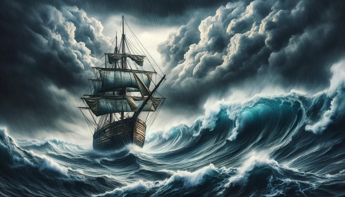 An image depicting a stormy sea with a ship navigating through rough waters, symbolizing the UK economy facing the threat of recession
