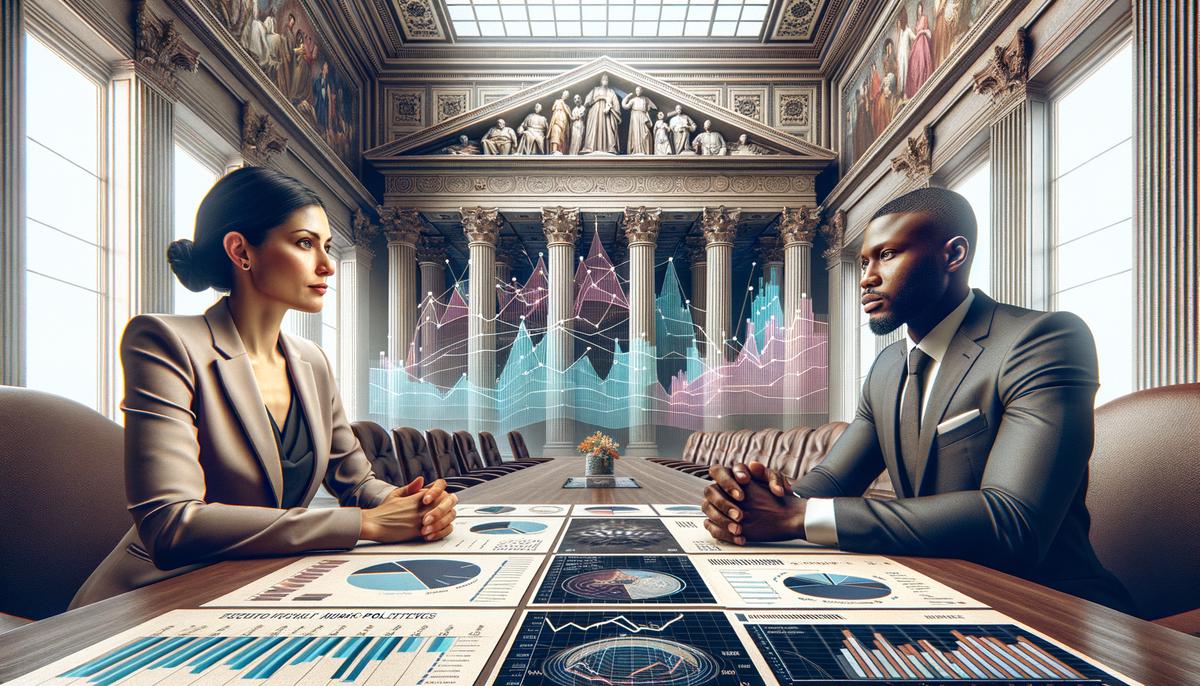 A realistic image depicting a government official and a banker strategizing at a table with economic charts and graphs, symbolizing discussions on economic policies and recession threats