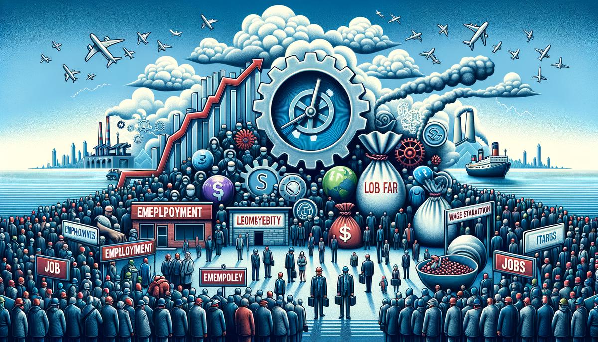 An image depicting a graph showing employment rates, wage stagnation, and job vulnerabilities in the UK labour market