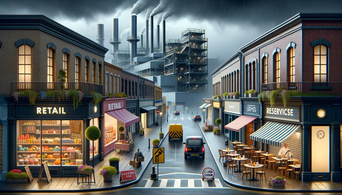 An image depicting the sectors of retail, manufacturing, and services in the UK facing the looming threat of recession