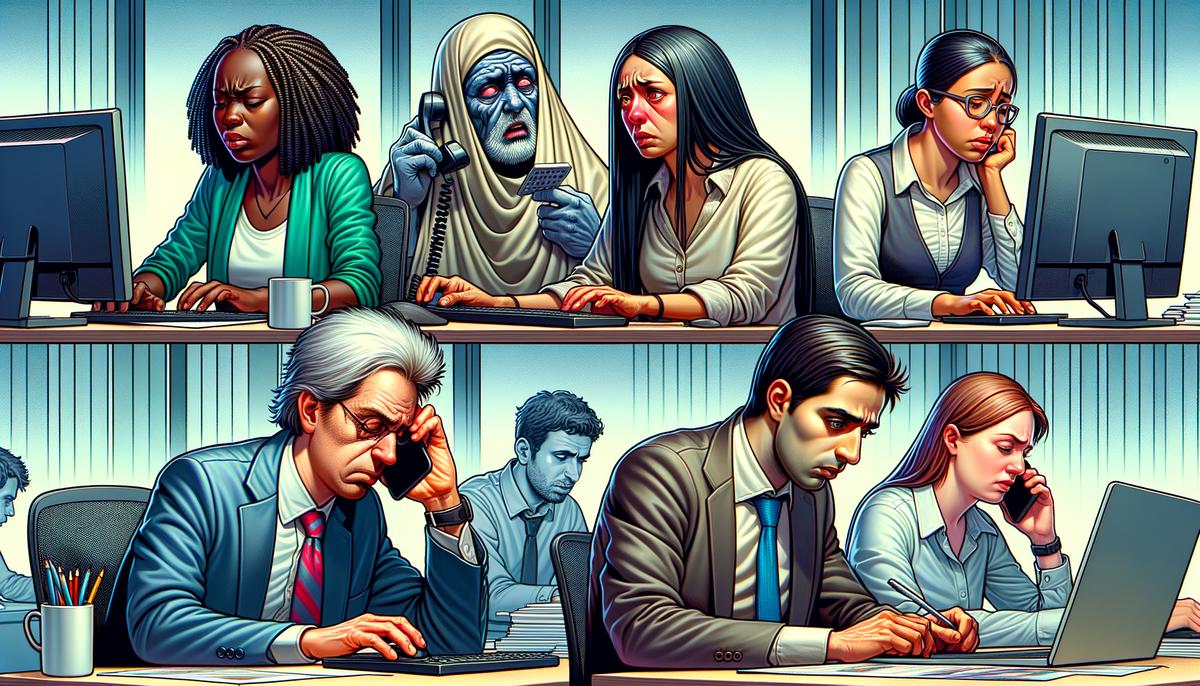 A realistic image showing a diverse group of people in a workplace setting, some looking stressed or unwell, while others are working diligently. The office environment is modern and typical of a professional workspace.