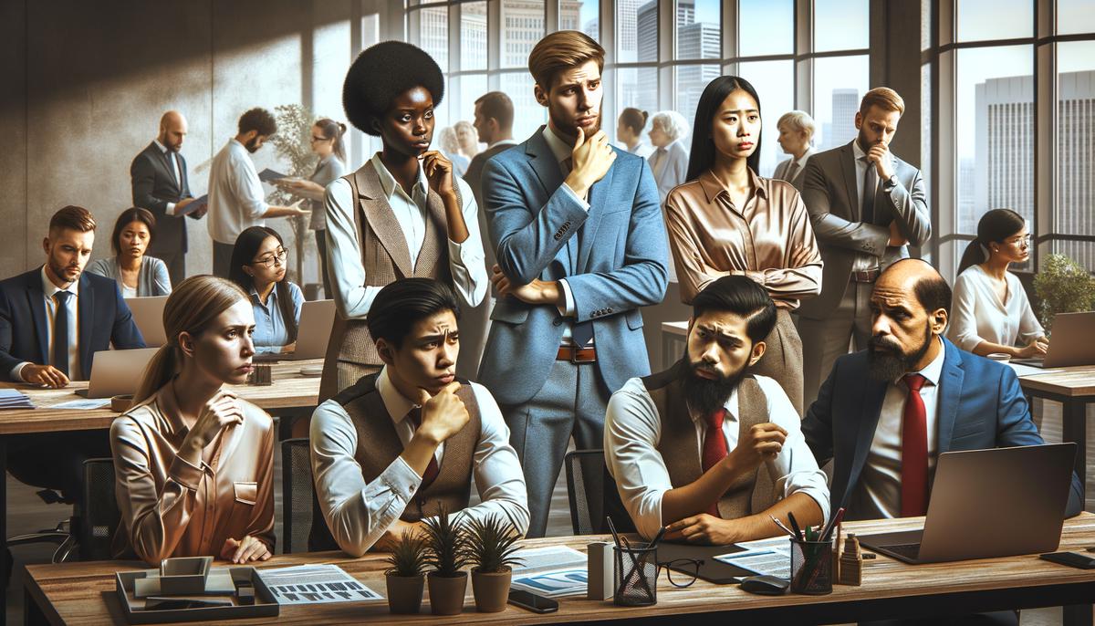 A realistic image depicting a diverse group of workers in an office setting, showcasing a mix of genders and ethnicities, engaged in discussions and working on laptops.