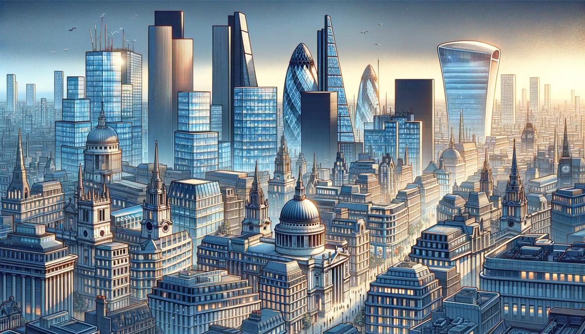 A realistic image depicting a UK cityscape with a focus on office buildings and financial districts, symbolizing the economic landscape and wage growth in the UK