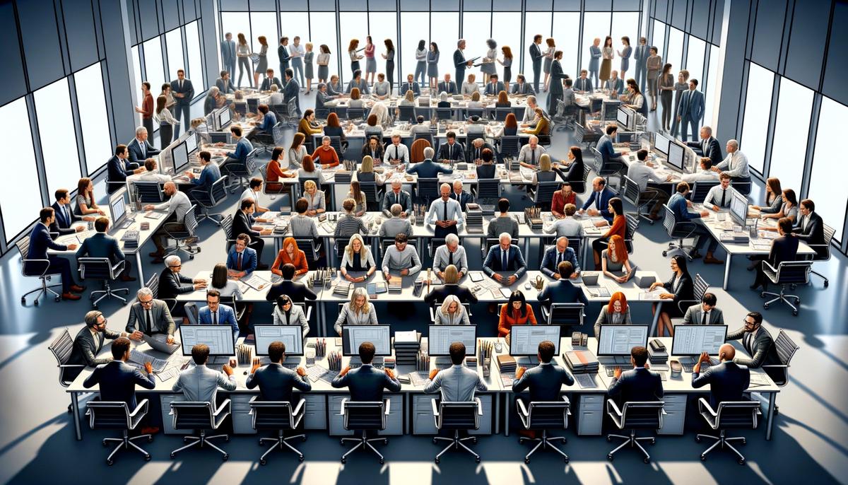 A realistic image depicting a busy UK office environment with employees working at their desks and managers discussing recruitment strategies