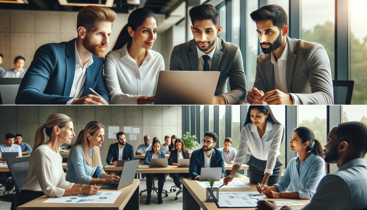 A diverse group of professionals engaged in training and upskilling activities in a modern office setting