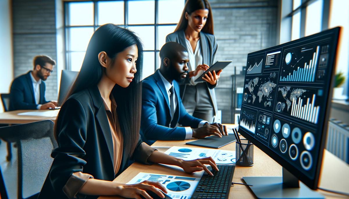 A professional recruitment office with employees working on computers and analyzing data